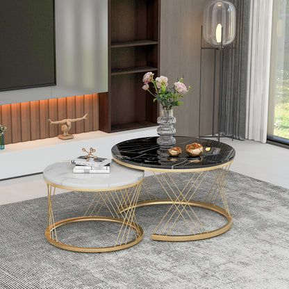 Salontafel – Bijzettafel – Koffietafel – Woonkamertafel – Nesting Set – Rond Marmerfineer – Gouden Metalen Frame – Ruimtebesparend Design – Eenvoudige Montage
