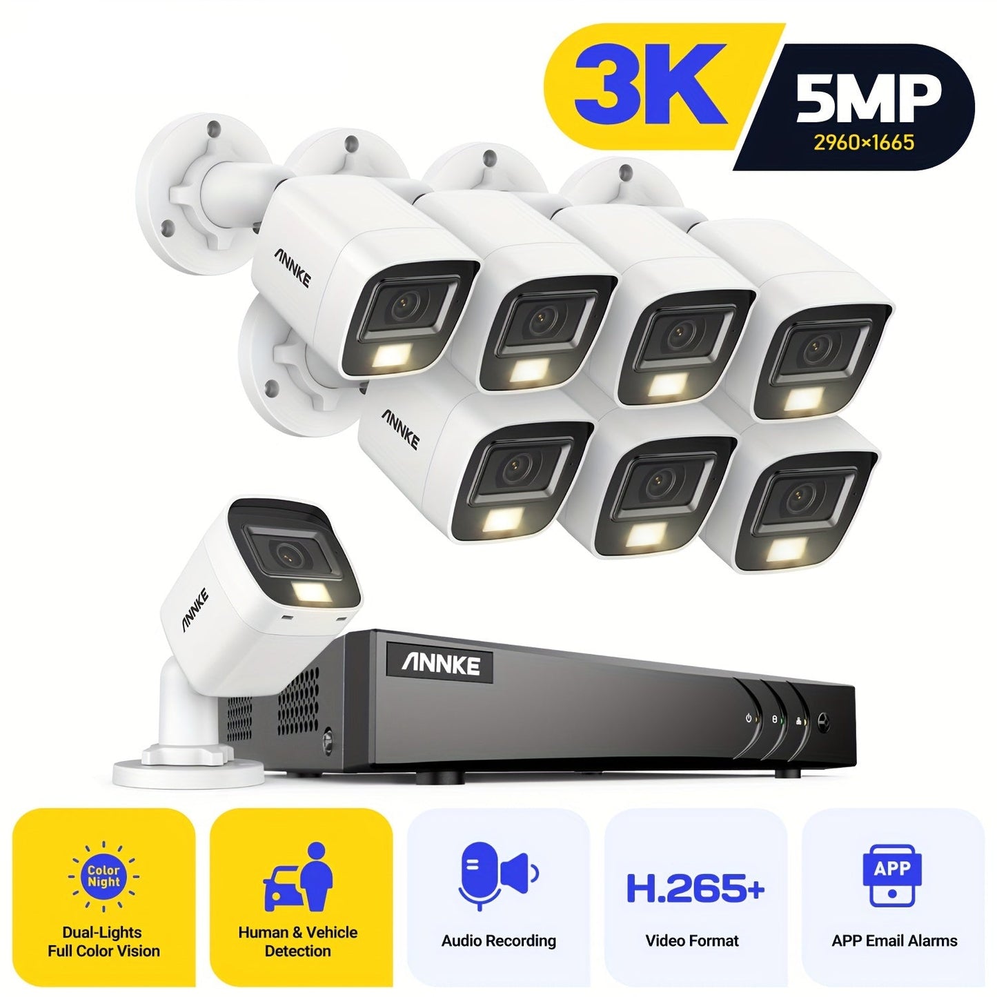 3K Bewakingscamera Set – Beveiligingscamera – Toezichtcamera – CCTV Camera – Surveillance Camera – 8 Stuks 3K Ultra HD – Mens- en Voertuigdetectie Zonder HDD