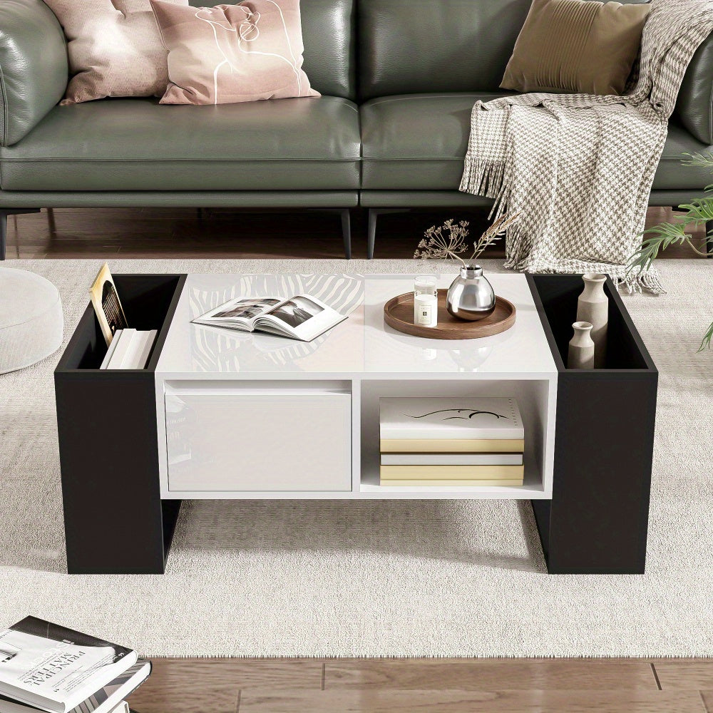 Salontafel – Woonkamertafel – Koffietafel – Tafeltje – Bijzettafel – Zwart-Witte Hoogglans Uitvoering – 4 Open Vakken & 2 Lades – Duurzame Constructie – Geen Montage