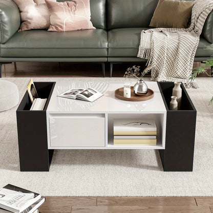 Salontafel – Woonkamertafel – Koffietafel – Tafeltje – Bijzettafel – Zwart-Witte Hoogglans Uitvoering – 4 Open Vakken & 2 Lades – Duurzame Constructie – Geen Montage