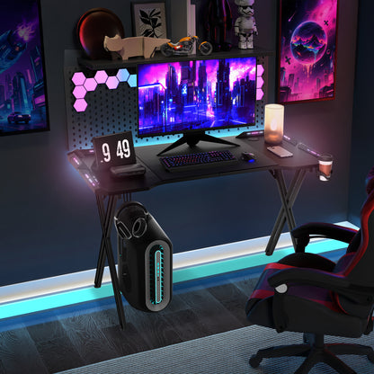 Gamingtafel – Game Bureau – Gaming Desk – Computertafel – Game Tafel – Carbon Fiber Blad – X-Vormig Stalen Frame – Bekerhouder & Headset Haak – Belastbaar Tot 100 Kg – 160 cm