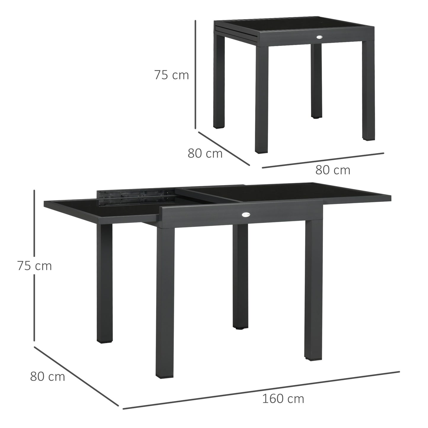 Uitschuifbare Tuintafel – Terrastafel – Verandatafel – Balkon Tafel – Buiten Eettafel – Aluminium Frame – Zwart Gehard Glas – 160x80x75 cm – Weerbestendig & Ruimtebesparend