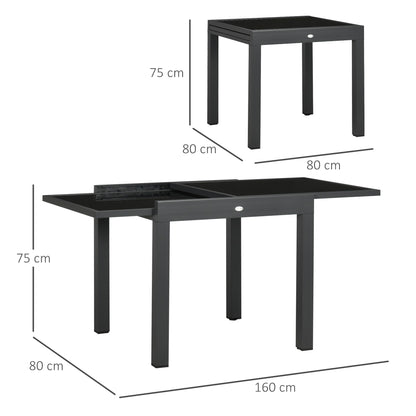 Uitschuifbare Tuintafel – Terrastafel – Verandatafel – Balkon Tafel – Buiten Eettafel – Aluminium Frame – Zwart Gehard Glas – 160x80x75 cm – Weerbestendig & Ruimtebesparend