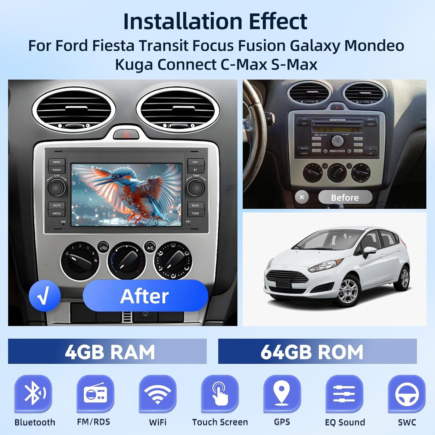 PODOFO 17.78 cm Android Car Stereo for Ford Transit, Fiesta, Focus, Galaxy, Mondeo, Fusion, Kuga, C-Max, S-Max | Wireless Carplay & Android Auto, 4+64GB, GPS, WiFi, 32EQ, Wireless 5.0, FM/RDS Radio, Universal Fit, Without Bat