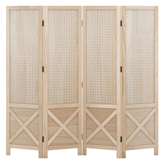 4-Paneel Kamerscherm – Kamerscheider – Ruimteverdeler – Pegboard Scherm – Vouwscherm – Massief Houten Frame – 144 cm Hoog – Inclusief Pegboardfunctie