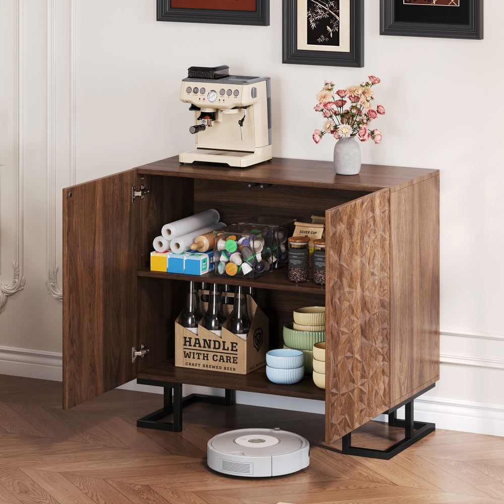 Sideboard – Dressoir – Kabinet – Opbergkast – Sidetable – Donker Walnoot – Schuifdeuren – Metalen Poten – Ruime Opbergruimte – Eenvoudige Montage