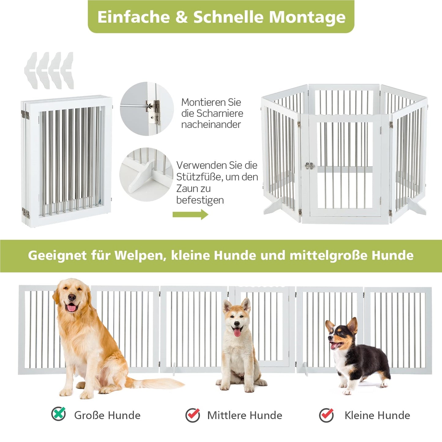 Hondenhek – Hondenren – Puppyhek – Traphekje – Loophekje – Vrijstaand – 6 Panelen Met Deur – 80 cm Hoog – Opvouwbaar – Wit – RVS & Hout – Extra Stevige Steunen