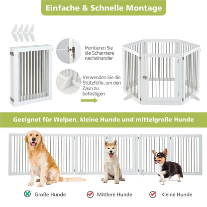 Hondenhek – Hondenren – Puppyhek – Traphekje – Loophekje – Vrijstaand – 6 Panelen Met Deur – 80 cm Hoog – Opvouwbaar – Wit – RVS & Hout – Extra Stevige Steunen