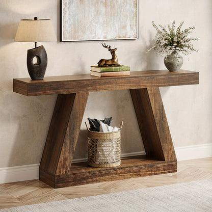 Sidetable – Sidetable Met Opbergruimte – Sofa Tafel – Haltafel – Woonkamertafel – Donkerbruin Rustiek – 139,7 cm Lang – Inclusief Vlochten Opbergbak