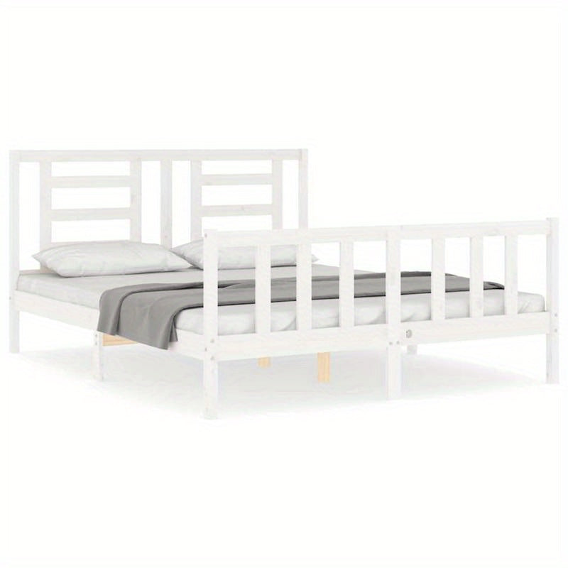 White Bed Frame Measuring 160X200 Cm, Made of Solid Pine Wood, Removable And Long-Lasting, Without a Mattress.