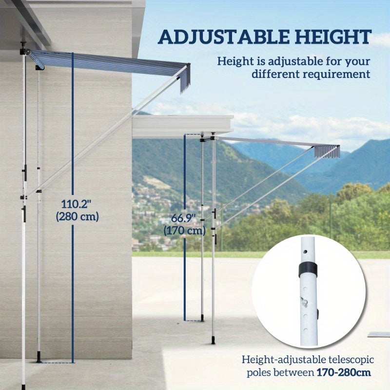 Verstelbaar Vouwdak – Zonnescherm – Terrasoverkapping – Balkonluifel – Patio Schaduwdoek – Aluminium Frame – 200x150 cm – Weerbestendig Blauw-Wit Gestreept