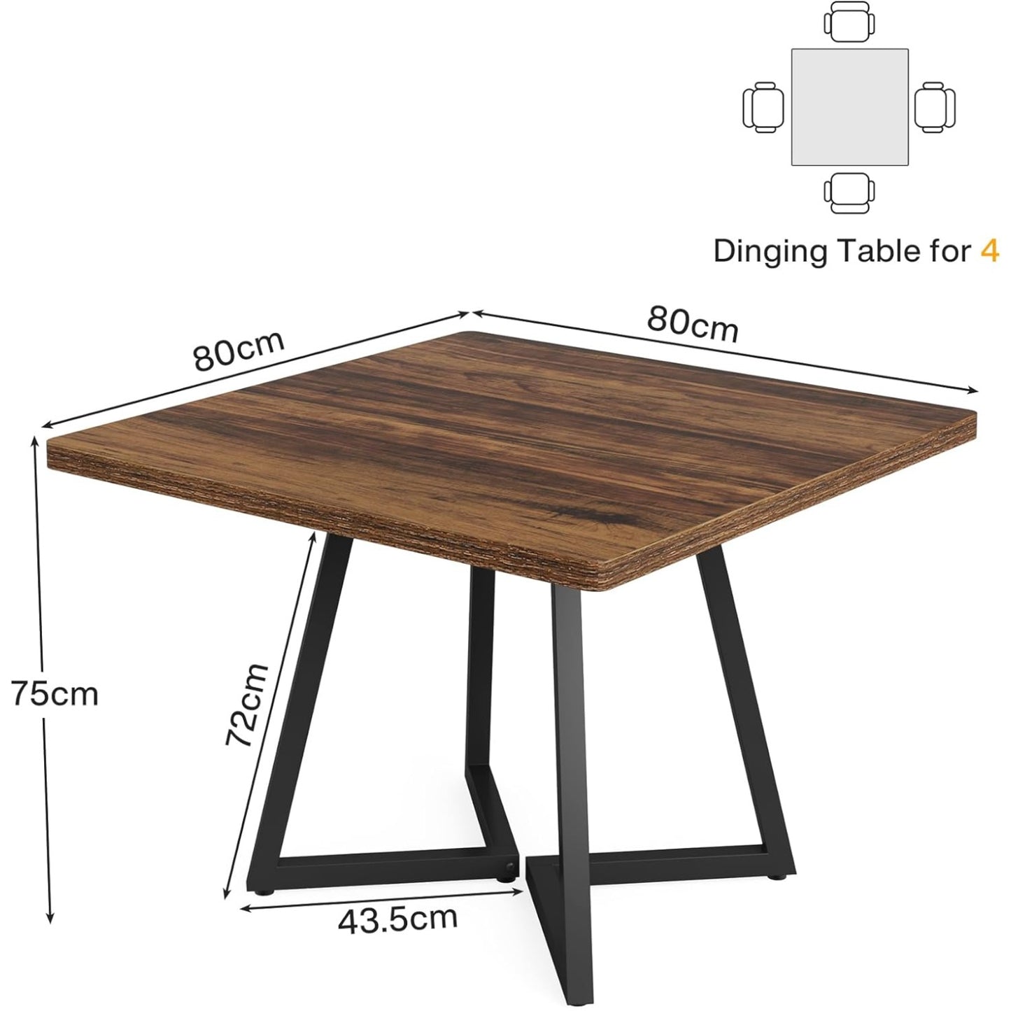 Vintage Eettafel – Keukentafel – Bistrotafel – Tafel Voor 4 Personen – Houten Tafel – Industrieel Metaal Onderstel – Compact 80x80 cm – Stijlvol Bruin