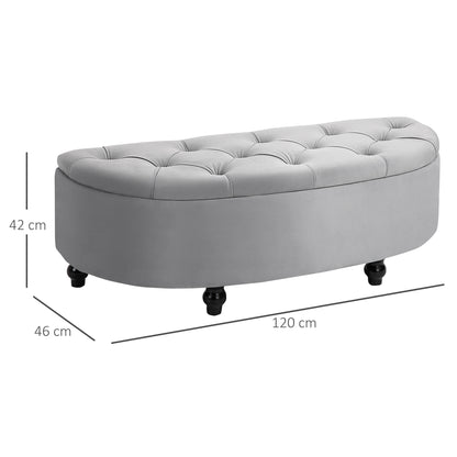 Poef – Opbergbank – Hocker – Voetenbank – Opbergpoef – Halfrond Design – Zacht Grijs Velvet – Zwarte Rubberhouten Pootjes