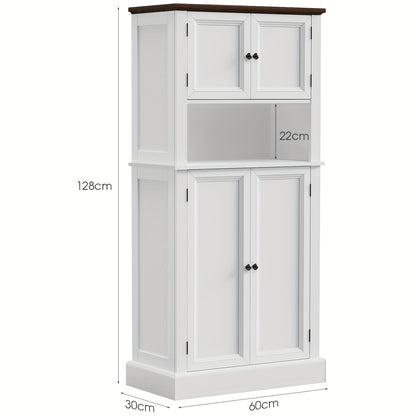 Hoge Bergkast Keukenkast – Opbergkast – Voorraadkast – Keukenkastje – Kast Met Blad – 128 cm Hoog – 4 Deuren Met Werkblad – Wit Met Tigerstripe Design