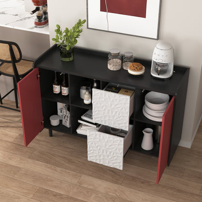 Modern Black & Red Metal Sideboard Cabinet with 2-Drawer Panel Design & Open Shelves - Coffee Bar Storage, Non-Wood Kitchen/ Furniture, Easy Assembly Required (Contemporary for Decor)