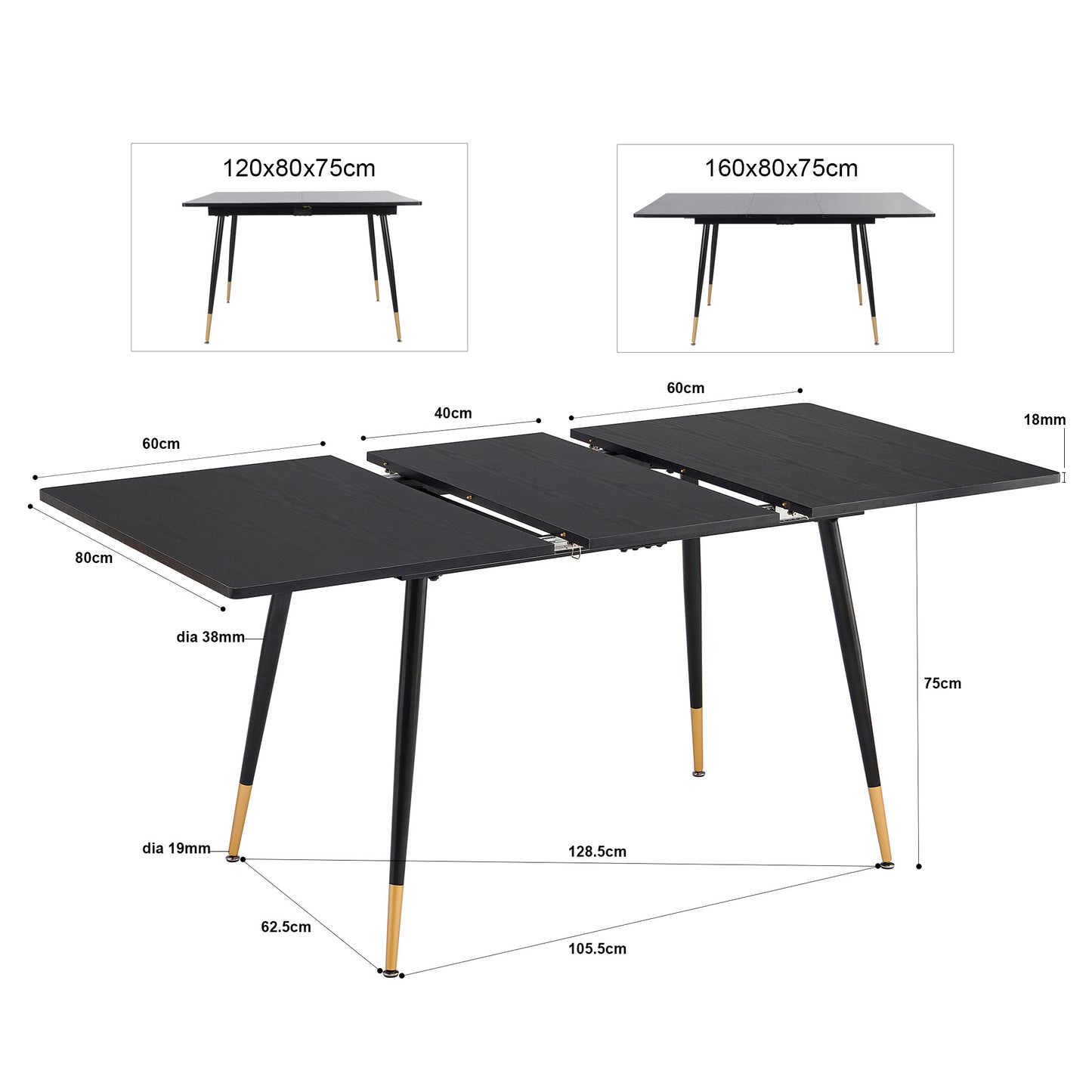 Uitschuifbare Eettafel – Tafel – Eetkamertafel – Uitklapbare Tafel – Industriële Eettafel – Voor 4-6 Personen – Stalen Frame Zwart-Goud – Anti-Roest & Waterbestendig