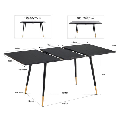 Uitschuifbare Eettafel – Tafel – Eetkamertafel – Uitklapbare Tafel – Industriële Eettafel – Voor 4-6 Personen – Stalen Frame Zwart-Goud – Anti-Roest & Waterbestendig