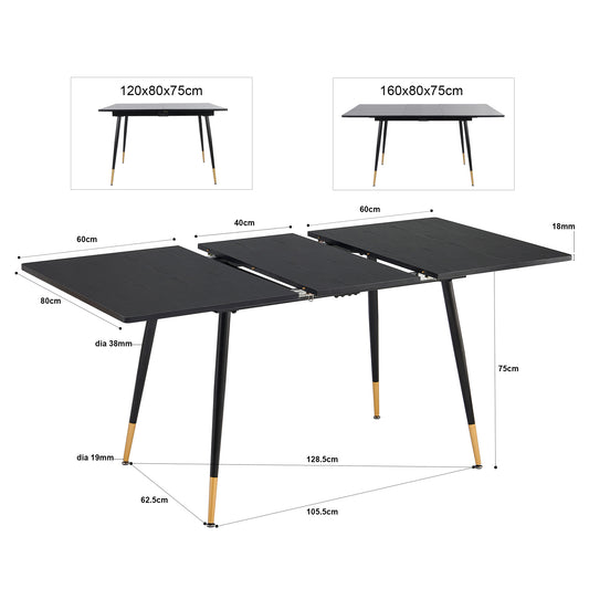 Uitschuifbare Eettafel – Tafel – Eetkamertafel – Uitklapbare Tafel – Industriële Eettafel – Voor 4-6 Personen – Stalen Frame Zwart-Goud – Anti-Roest & Waterbestendig