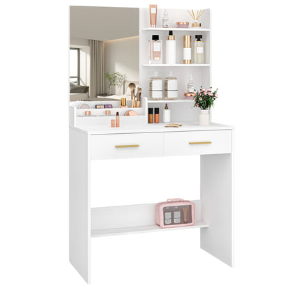 Kaptafel – Make-up Tafel – Schminktisch – Vanity Table – Dressing Table – Wit Met Spiegel – 4 Open Schappen & 2 Lades