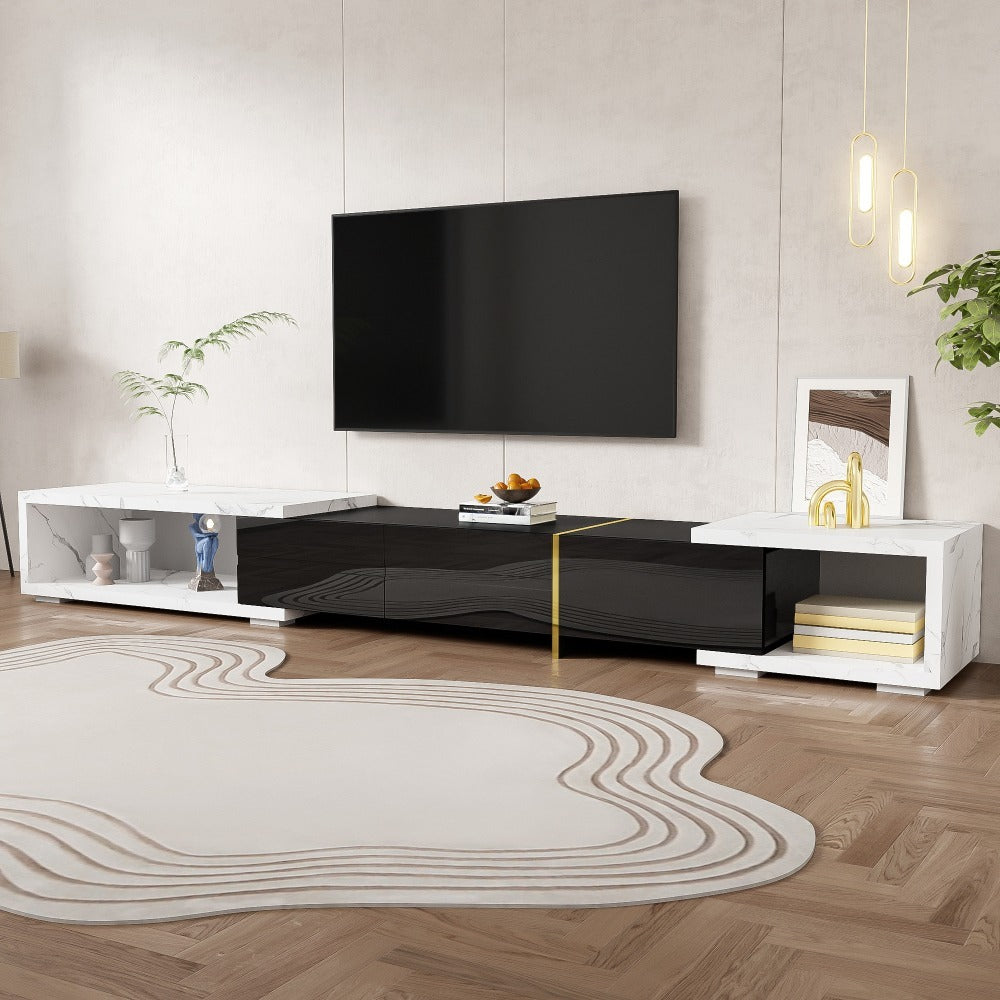Modern Tv-Meubel – Tv-Kast – Mediameubel – Tv-Dressoir – Entertainmentmeubel – Verstelbare Lengte 140-260 Cm – Draaifunctie Met Witte Marmeroptiek
