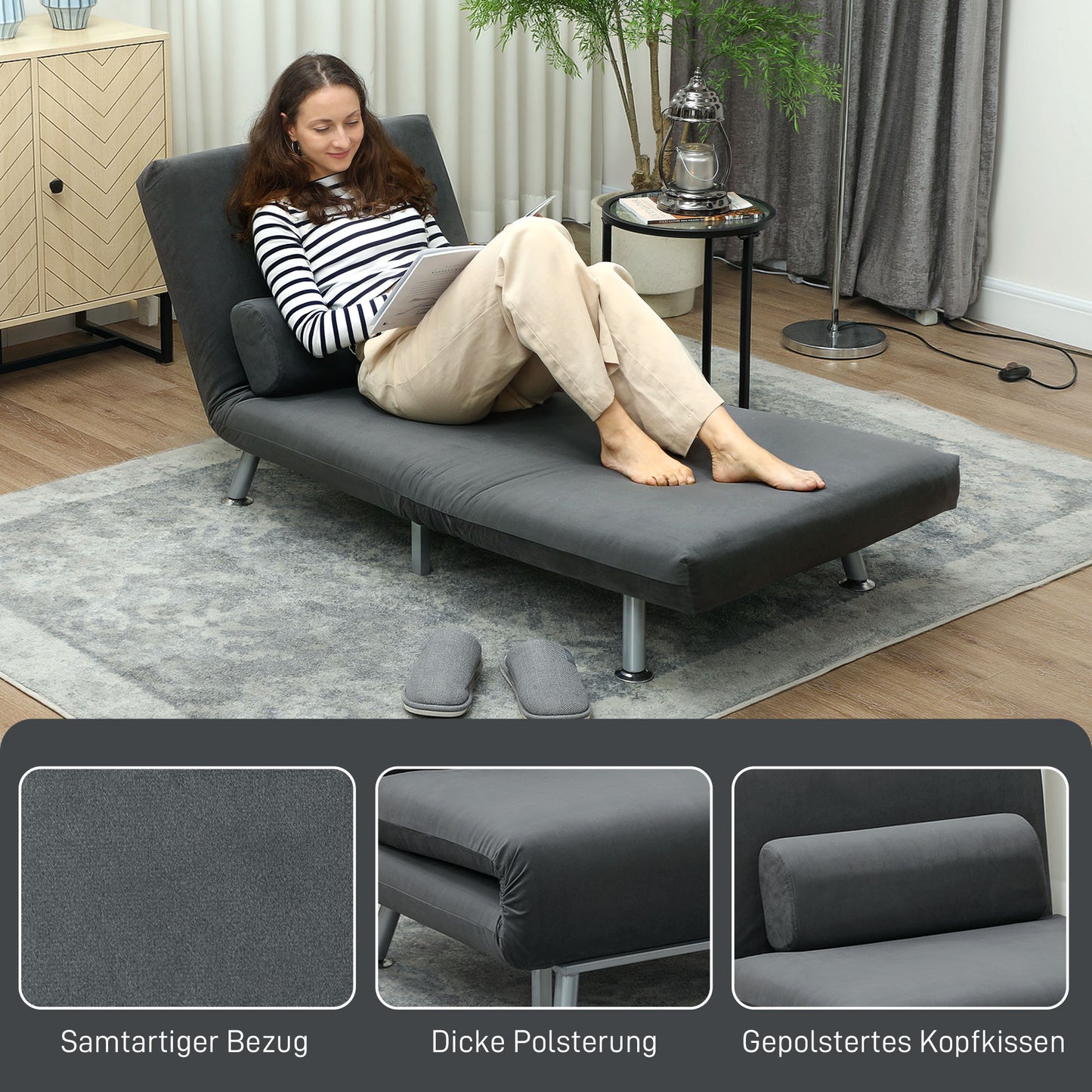 Inklapbare Relaxstoel – Vouwstoel – Ligstoel – Relaxbed – Zitbed – Donkergrijs Velvet – Verstelbare Rugleuning – Compact Opvouwbaar