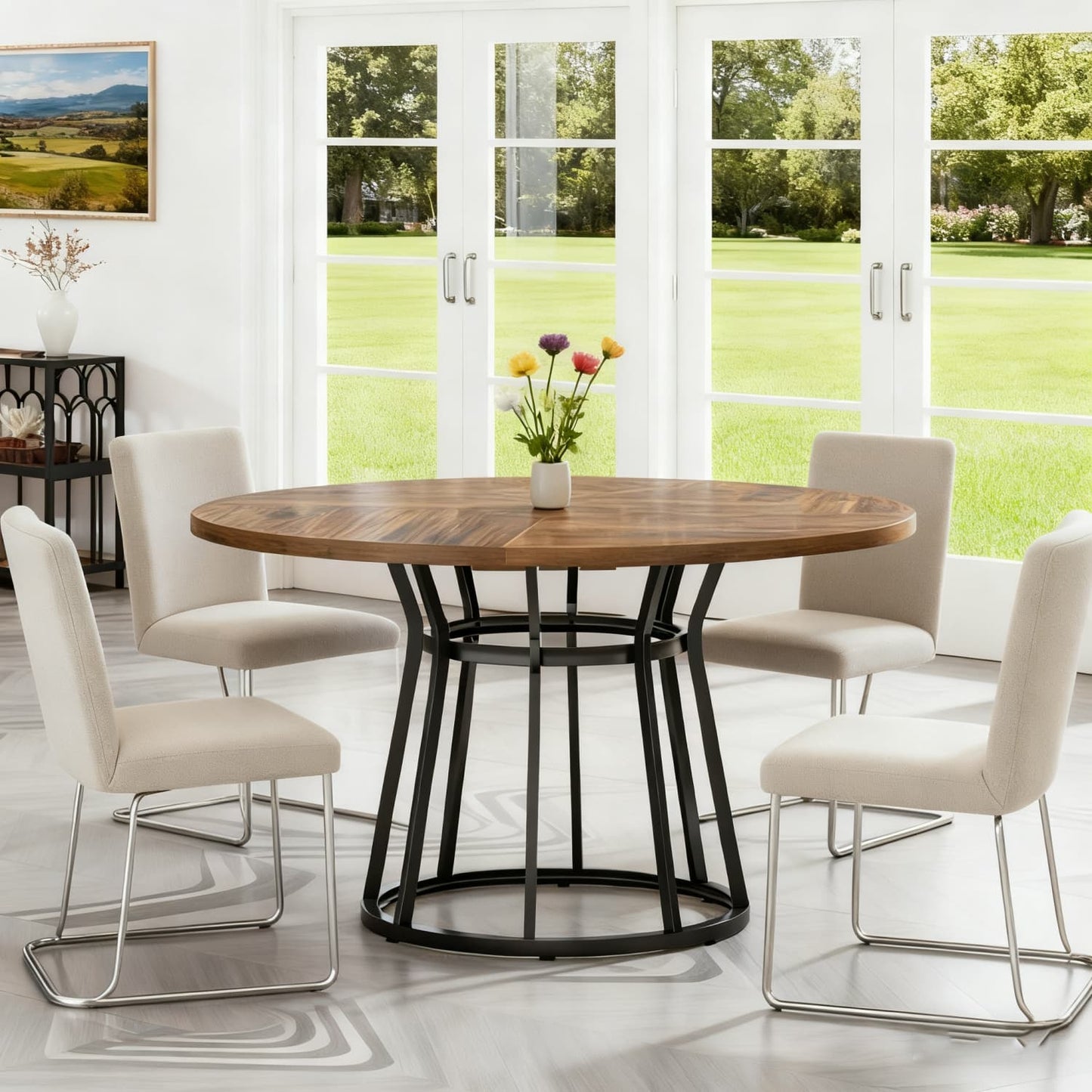 Eettafel – Ronde Tafel – Keukentafel – Dinertafel – Tafel – 120 cm Diameter – Krasbestendig Spaanplaat Blad – Stabiel Metalen Onderstel Bruin