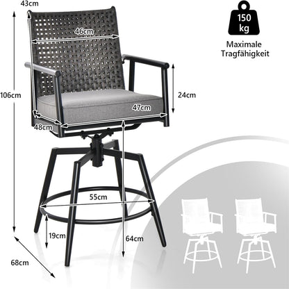 Barstoel – Barkruk – Barstoel Set – Barstoelen – Bistrostoel – 360° Draaibaar – 2-Laags PE-Rattan Rugleuning – Verstelbare Voetensteun – Metalen Frame – Set Van 2 – Zithoogte 64 cm
