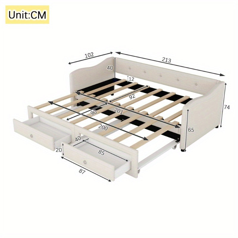 Daybed 90x200 cm – Bedbank – Slaapbank – Uitklapbed – Logeerbed – Minimalistisch Design – 2 Laden – Geschikt Voor Kleine Ruimtes