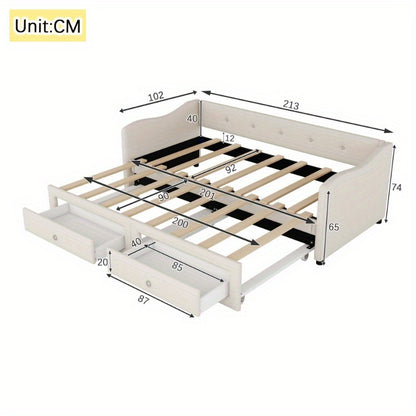 Daybed 90x200 cm – Bedbank – Slaapbank – Uitklapbed – Logeerbed – Minimalistisch Design – 2 Laden – Geschikt Voor Kleine Ruimtes