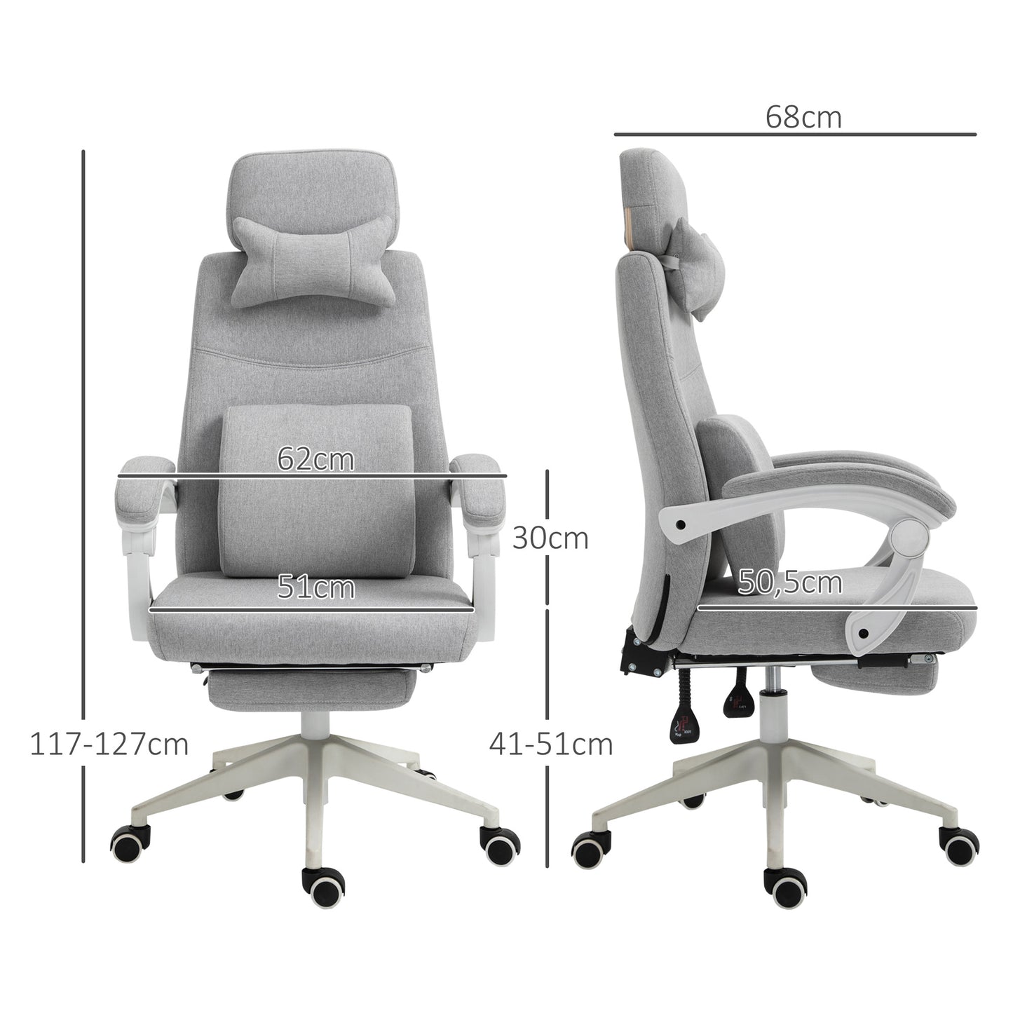 Bureaustoel – Kantoorstoel – Draaistoel – Gamestoel – Office Chair – Verstelbare Rugleuning – Inklapbare Voetensteun – Linnen Bekleding – 360° Wieltjes – Ergonomisch Design – Verstelbare Zithoogte – Grijs – 62x68x127 cm