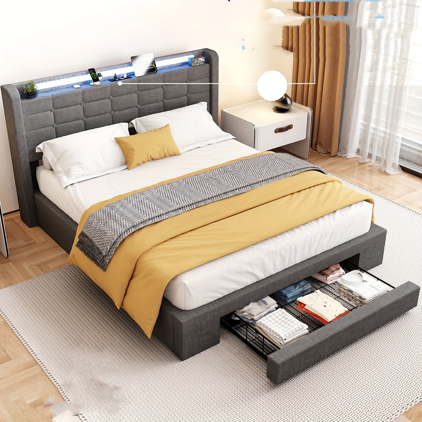 Modern Gestoffeerd Bed – Bedframe – Slaapbed – Opbergbed – Queensize Bed – Hydraulische Lift – LED-Verlichting – 140x200 cm – Grijs Linnen – MDF Frame