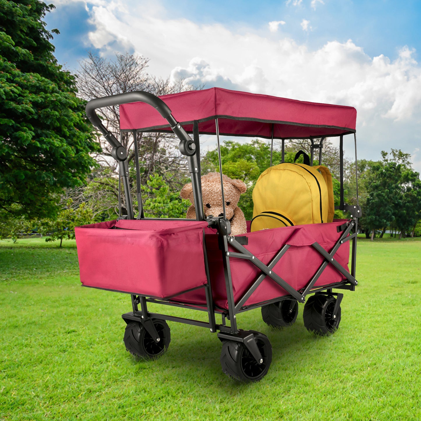Bolderkar – Opvouwbare Kar – Transportkar – Vouwwagen – Strandwagen – Stevig Stalen Frame – Afneembare Waterafstotende Kap – Extra Grote Laadruimte – 360° Zwenkwielen – Rood