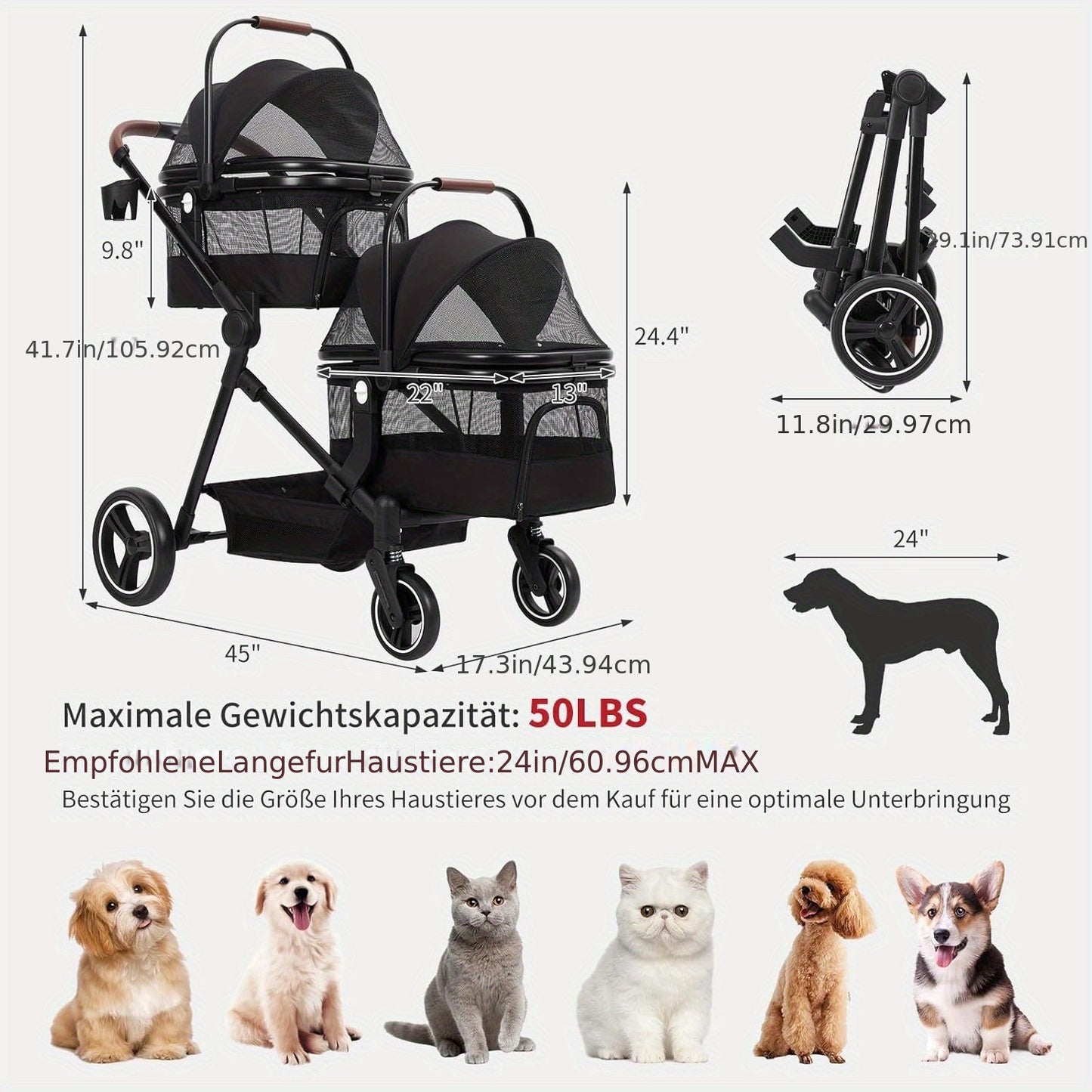 Hondenbuggy – Huisdierruimtewagen – Dierenwagen – Hondenstoel – Kattenbuggy – Dubbel draagvermogen 23 kg per niveau – Opvouwbaar aluminium frame met ventilatie mesh ramen