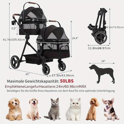 Hondenbuggy – Huisdierruimtewagen – Dierenwagen – Hondenstoel – Kattenbuggy – Dubbel draagvermogen 23 kg per niveau – Opvouwbaar aluminium frame met ventilatie mesh ramen