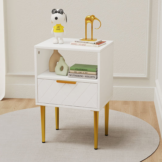 Moderne Minimalistische Nachtkast met 1 Lade en Gouden Poten – Ruimtebesparend Bedkastje met Open Plank, Duurzame Houtconstructie, Eenvoudig te Monteren – 68,6 cm Hoog – Ideaal voor Slaapkamer of Woonkamer