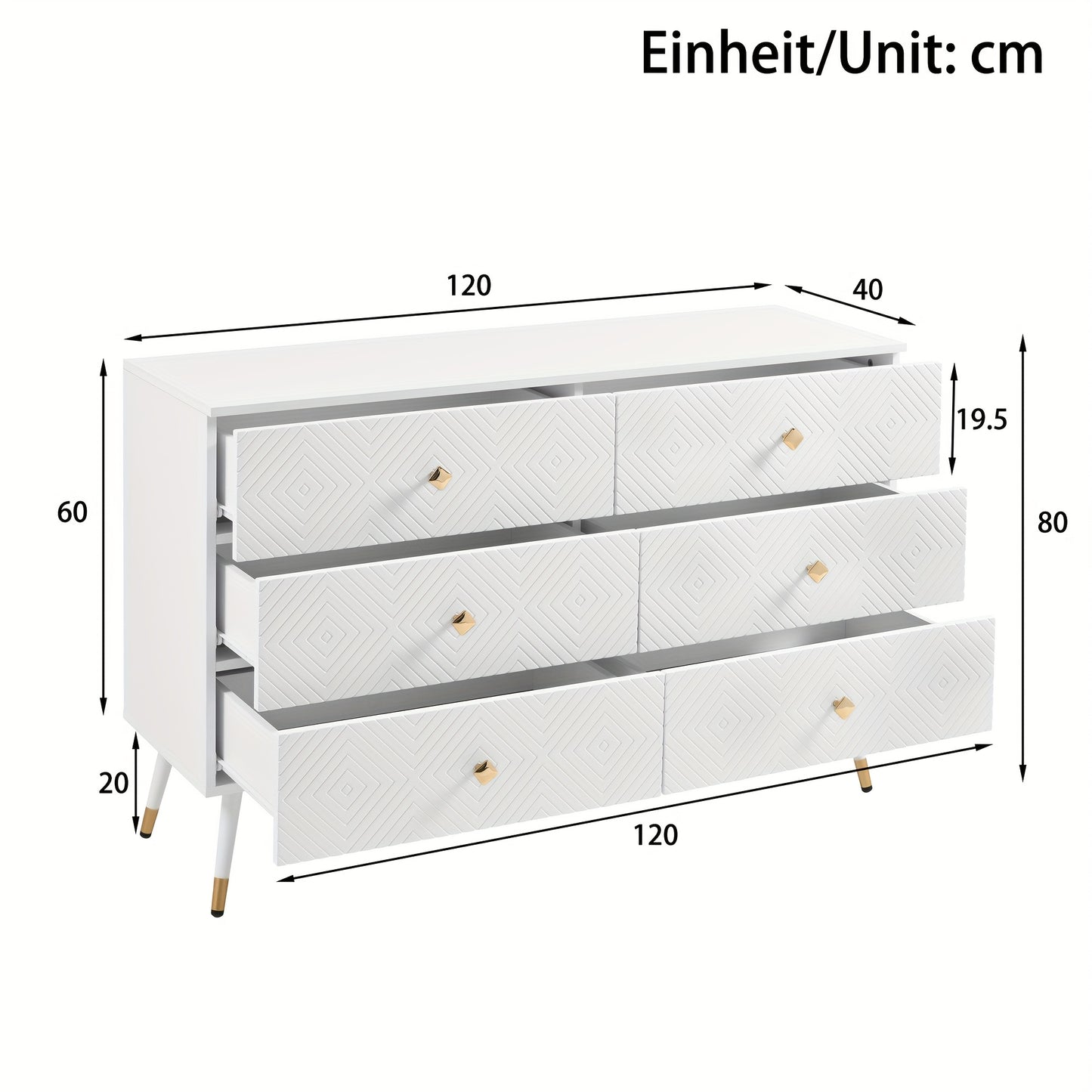 Modern 6 Drawer Chest Of Drawers - 120x40x80cm - Ideal for Bedroom And Living Room, Storage Drawer Units