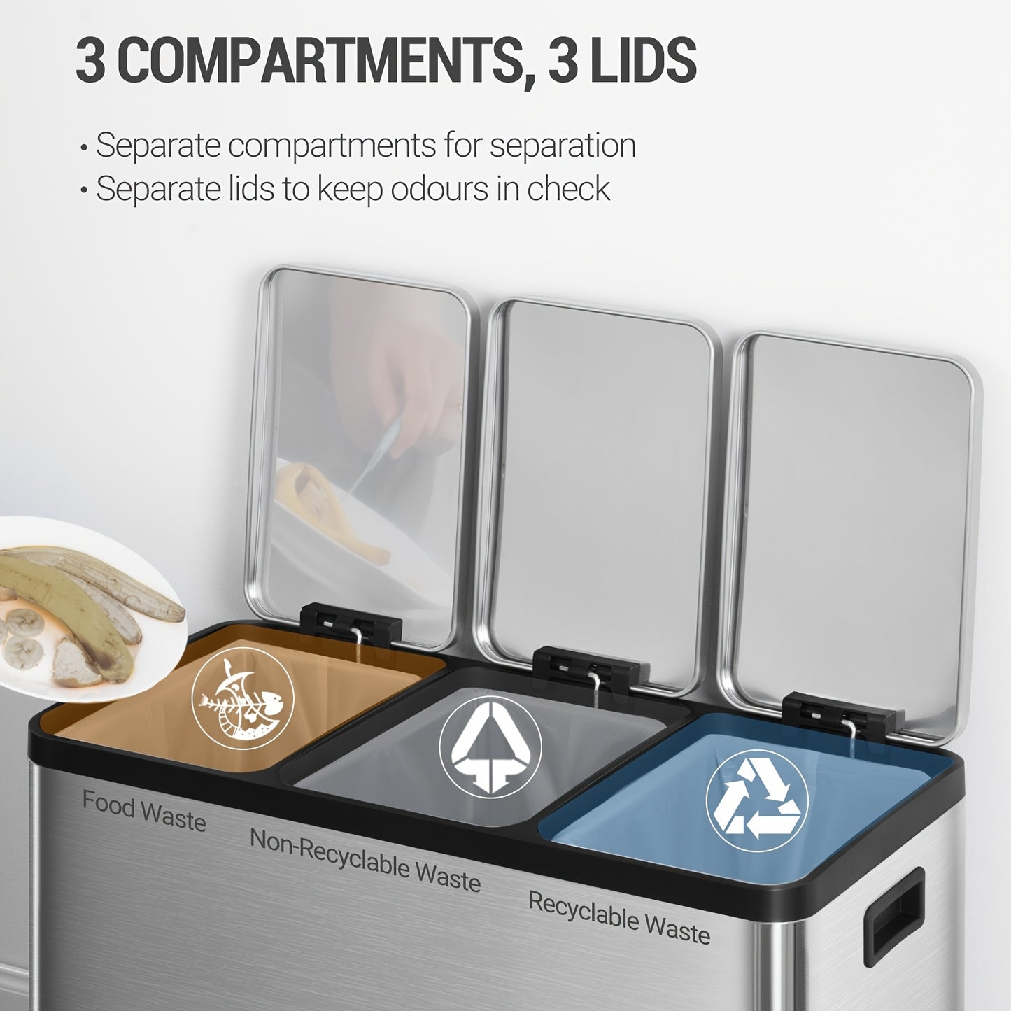Kitchen Trash Can, Waste Separation System 3 Compartments 45L (3 X 15L), Stainless Steel Kitchen Trash Can, Pedal Bin with Color-coded Pedals, Waste Bin Quiet Slow Descent, Silvery