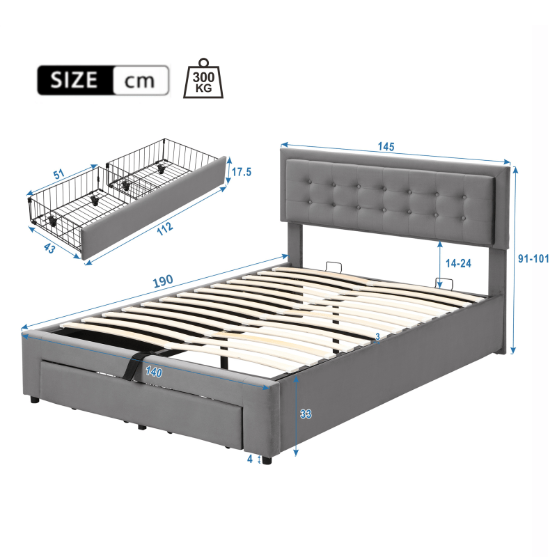 Padded Bed 140190 with Slatted Box Spring And Headboard Storage Bed Hydraulic Padded Double Bed with 2 Drawers Support for Gray Velvet Wood