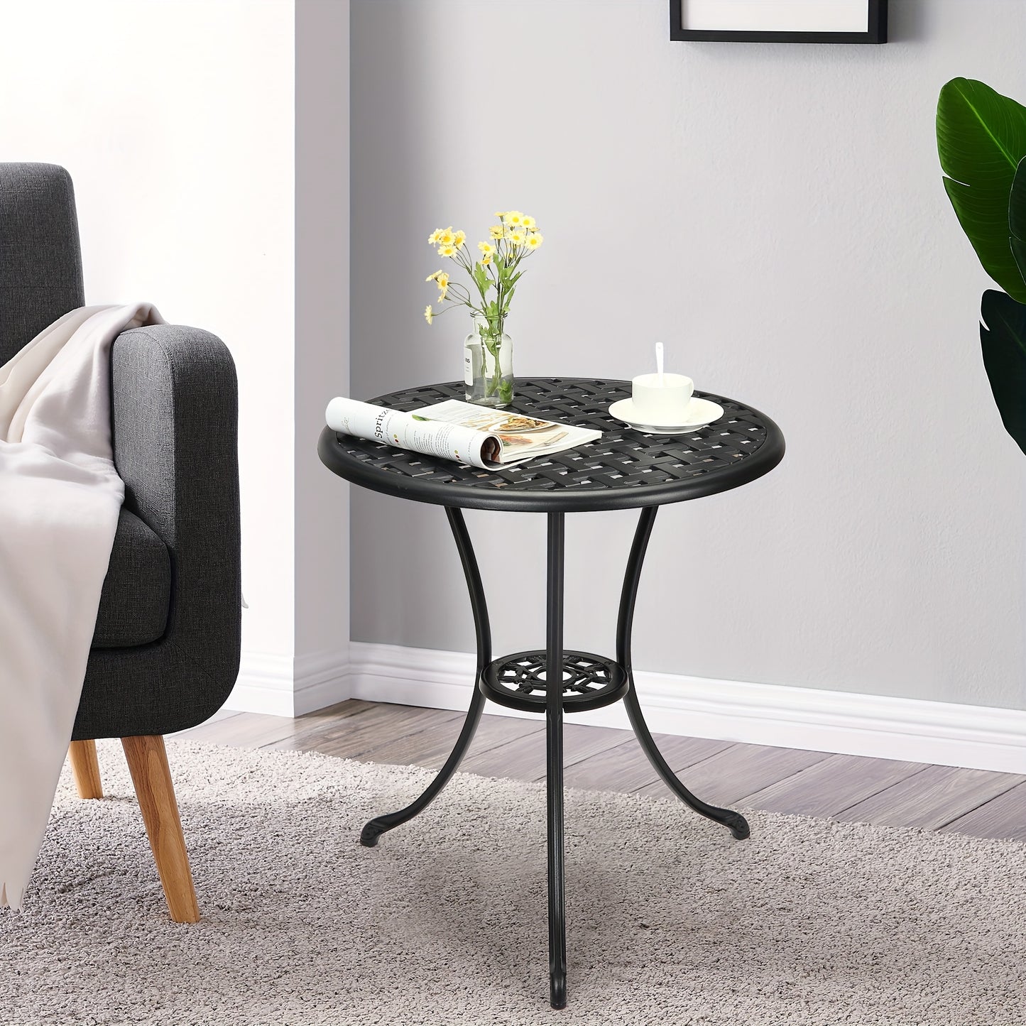 Buitentafel Rond – Bistrotafel – Tuin tafel – Balkon tafel – Terras tafel – Zwart – 60,96 cm Met Parasolgat – Gietaluminium Met Wicker Tafelblad – Weerbestendig En Stevig