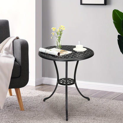 Buitentafel Rond – Bistrotafel – Tuin tafel – Balkon tafel – Terras tafel – Zwart – 60,96 cm Met Parasolgat – Gietaluminium Met Wicker Tafelblad – Weerbestendig En Stevig
