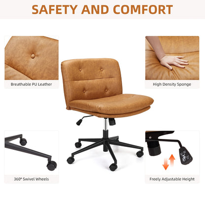 Modern Height-Adjustable Swivel Dining Chair with Memory Foam Cushioned Seat & Brown Faux Upholstery - Sturdy Metal Frame, Wide Comfortable Cross-Legged Design, Wheeled Base for Kitchen, Home Office, Breakfast Nook - Easy-Cle