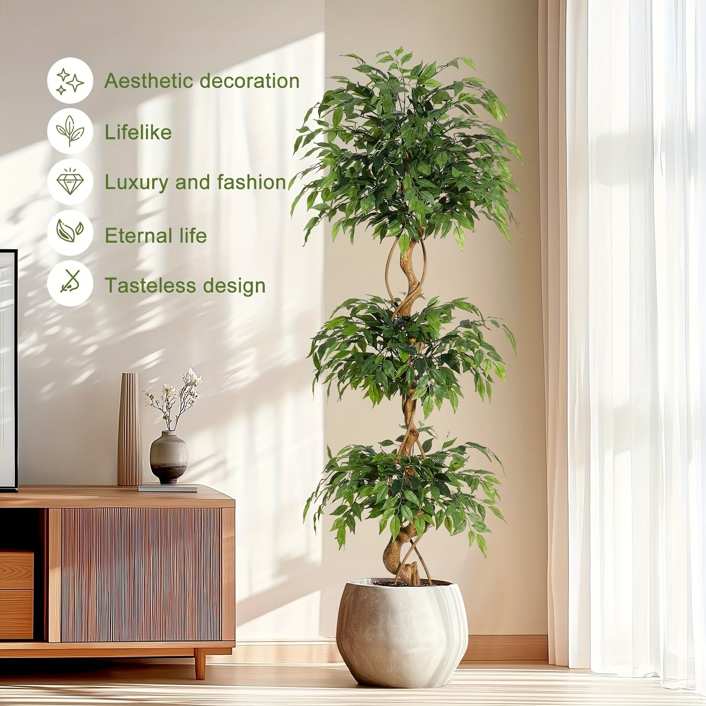 Kunstmatige Ficusboom – Nepplant – Kunstplant – Namaakplant – Sierplant – 150 cm Hoog – Onderhoudsvrij – Realistische Zijde Bladeren – Witte Pot