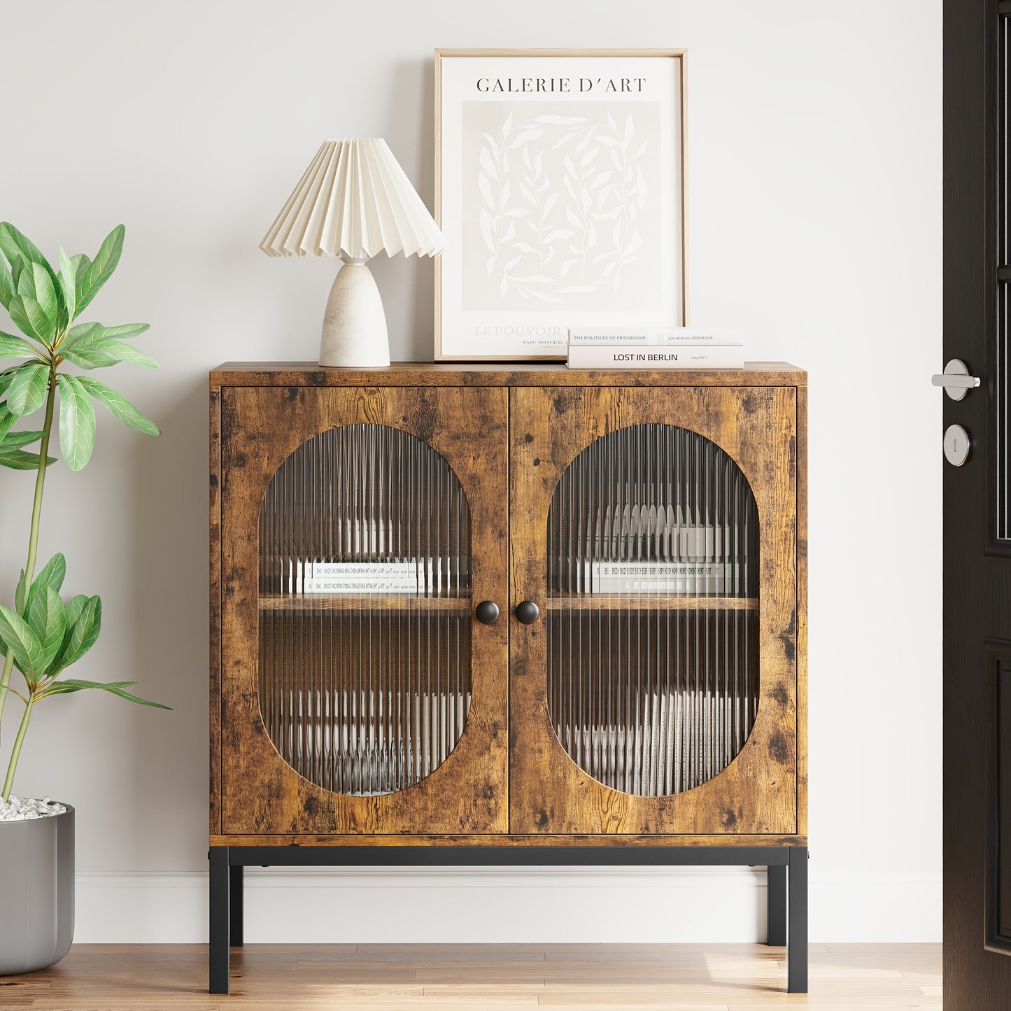 80.01cm Modern Rustic Buffet Cabinet with Glass Doors - Brown -Standing Suitable for Living Room, Dining Room, Kitchen & Entryway, Easy Assembly, Multi-Functional as TV Stand or Accent Cabinet