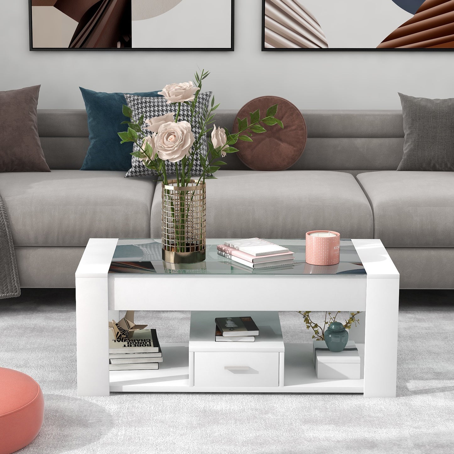 Salontafel – Tafel – Koffietafel – Woonkamertafel – Opbergtafel – Modern Wit Design – Glazen Blad Met Opbergruimte