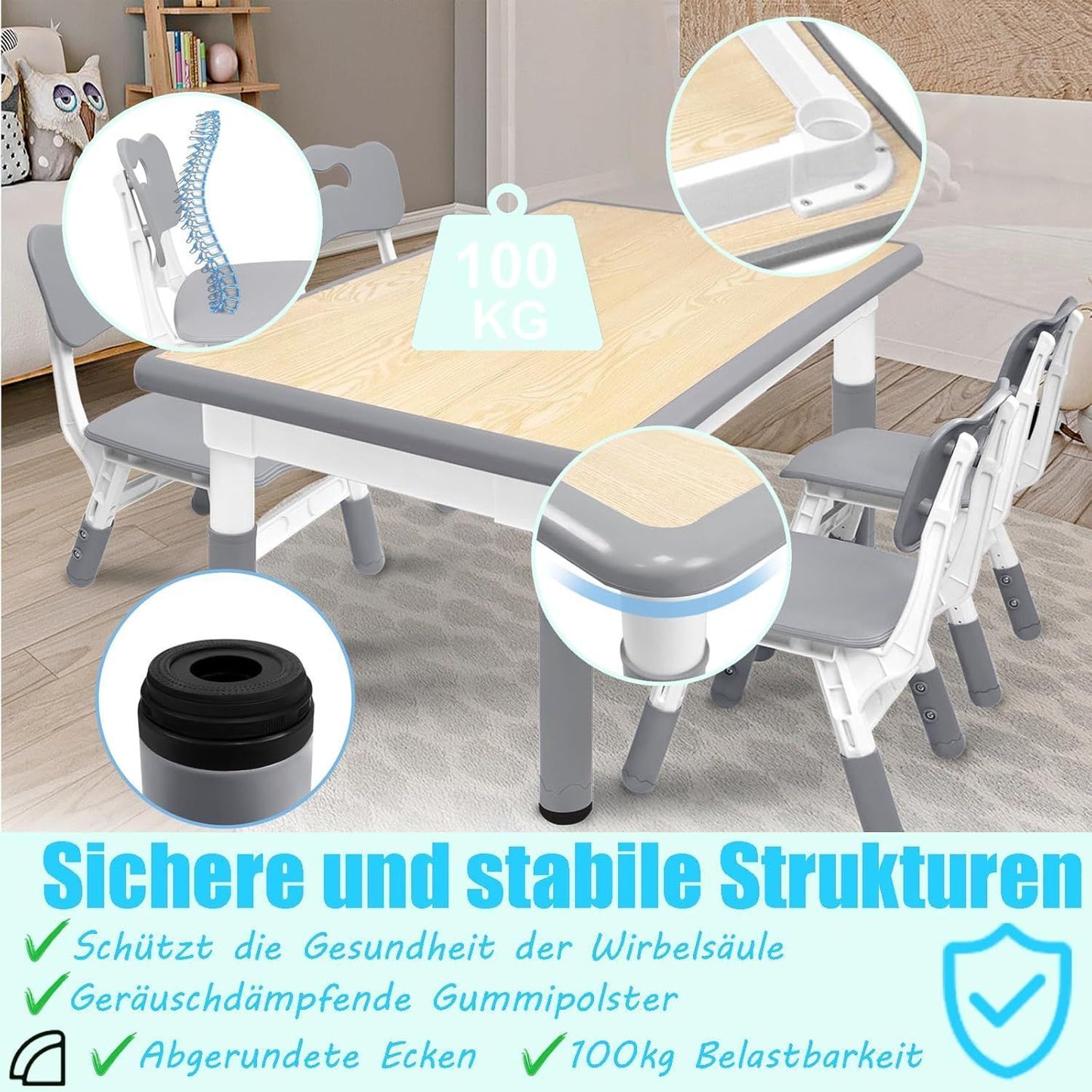Tafelset Met 4 Stoelen – Stoel En Tafel Set – Kindermeubilair – Schoolmeubilair – Studie Set – Verstelbare Hoogte – Duurzaam Kunststof – Lichtgewicht – Gemakkelijk Schoon Te Maken – Grijs
