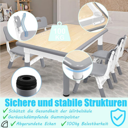 Tafelset Met 4 Stoelen – Stoel En Tafel Set – Kindermeubilair – Schoolmeubilair – Studie Set – Verstelbare Hoogte – Duurzaam Kunststof – Lichtgewicht – Gemakkelijk Schoon Te Maken – Grijs