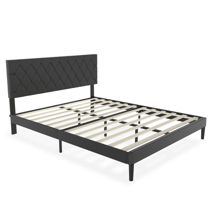 Upholstered Bed Frame Upholstered Bed with Headboard and Slatted Frame Bed Metal Platform Bed Frame Mattress Foundation, Leather, Beige/Black