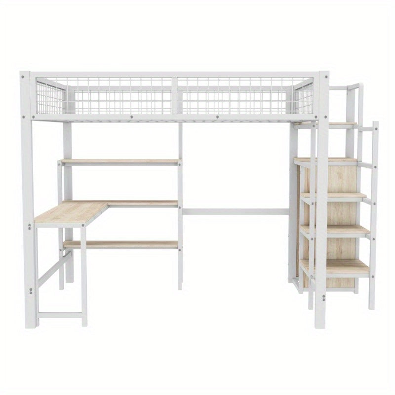 Bedframe – Hoogslaper – Stellingbed – Bedframe Met Opbergladders – Metalen Bed – Wit – 140x200 cm – Duurzaam Metalen Frame – Ruimtebesparend Design