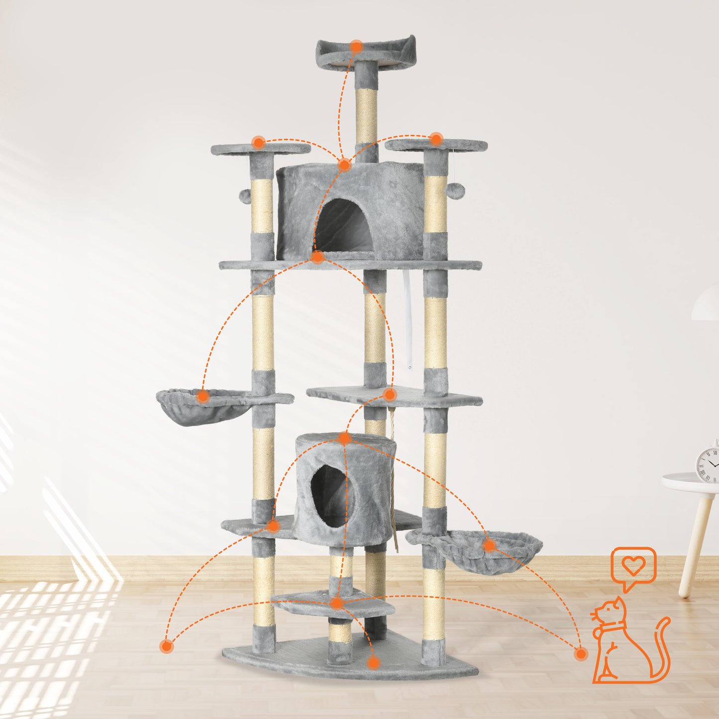 Krabpaal – Krabmeubel – Krabton – Kattenmeubel – Kattenklaar – Met 2 Hangmatten & Kattenholen – Stevig Sisal En Plush – Hoogte 200 cm