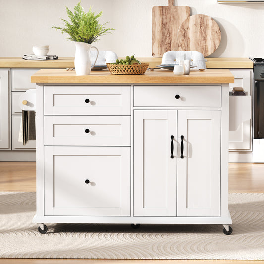 Mobile Kitchen Island with Extendable Table & Rolling Cart - White Heavy-Duty Multi-Functional Cart with Storage Drawers, Expandable Dining Table, Space-Saving Suitable, Dining Room, RV, Apartment